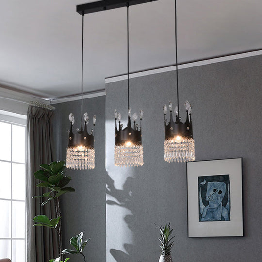 Contemporary Black 3-Head Metal Pendant Light With Crystal Draping For Dining Room