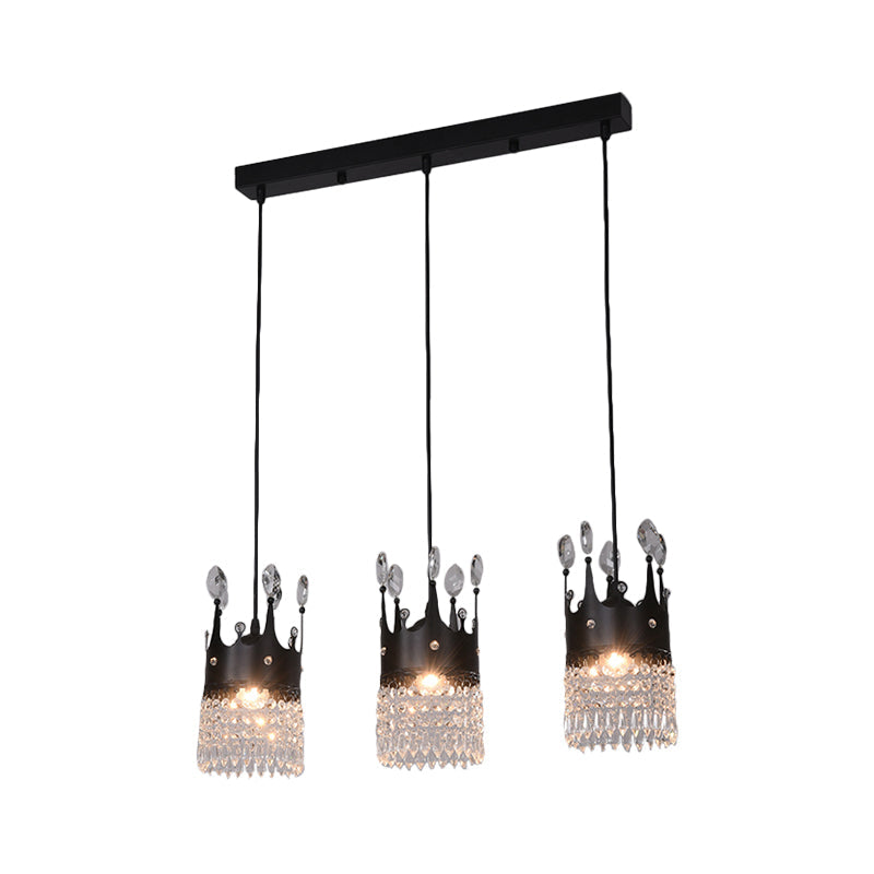 Contemporary Black 3-Head Metal Pendant Light With Crystal Draping For Dining Room