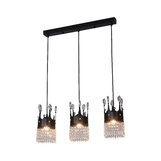 Contemporary Black 3-Head Metal Pendant Light With Crystal Draping For Dining Room