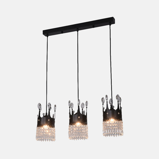 Contemporary Black Metal 3-Head Suspension Light With Crystal Draping For Dining Room