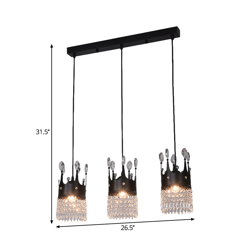 Contemporary Black 3-Head Metal Pendant Light With Crystal Draping For Dining Room