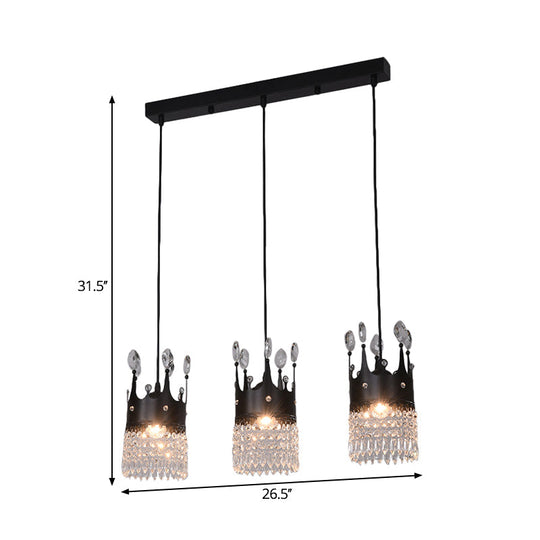 Contemporary Black 3-Head Metal Pendant Light With Crystal Draping For Dining Room
