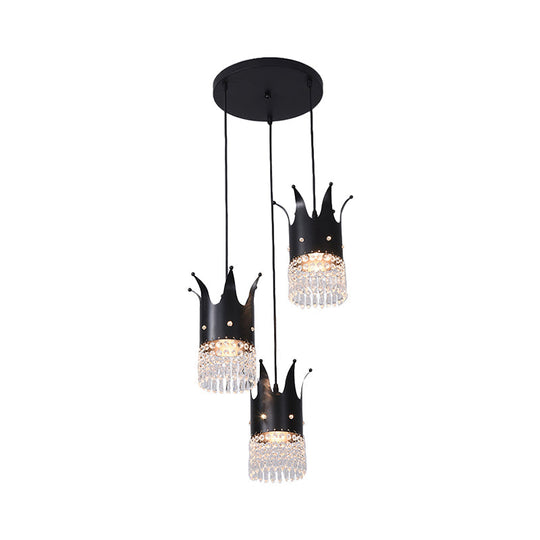 Modern Black Crown Island Lighting With Crystal Droplets - 3 Bulbs Metal Multi Hanging Lamp Kit