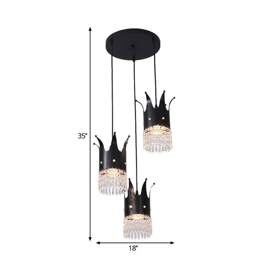 Modern Black Crystal Droplet Crown Island Lighting Kit - 3 Bulbs Linear/Round Canopy Multi Hanging