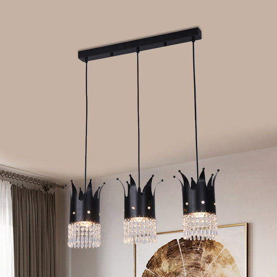 Modern Black Crown Island Lighting With Crystal Droplets - 3 Bulbs Metal Multi Hanging Lamp Kit /