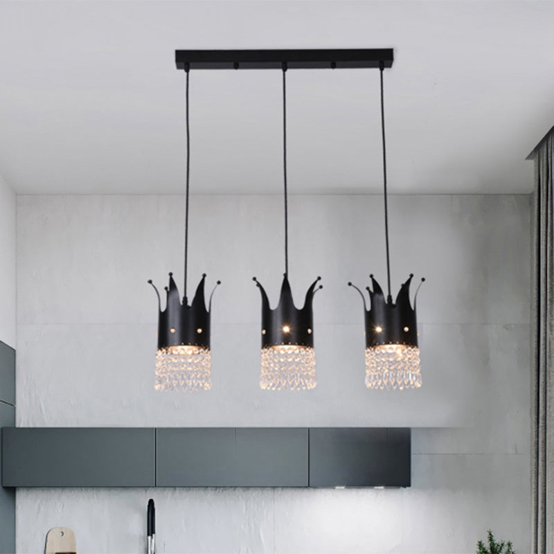Modern Black Crystal Droplet Crown Island Lighting Kit - 3 Bulbs Linear/Round Canopy Multi Hanging