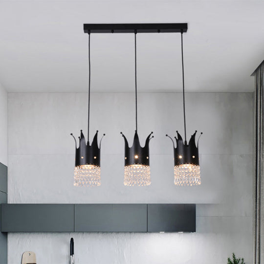 Modern Black Crown Island Lighting With Crystal Droplets - 3 Bulbs Metal Multi Hanging Lamp Kit