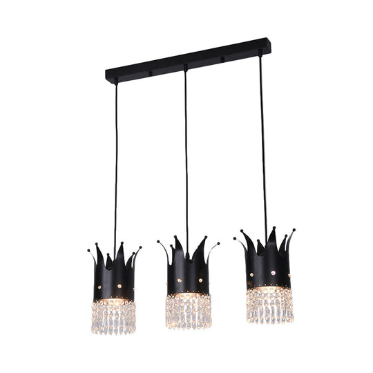 Modern Black Crown Island Lighting With Crystal Droplets - 3 Bulbs Metal Multi Hanging Lamp Kit
