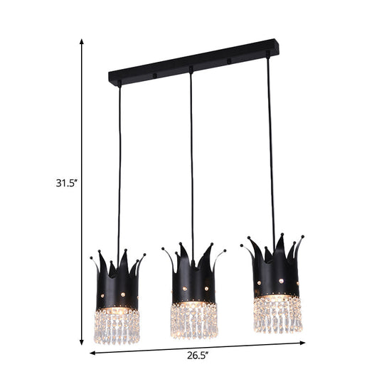 Modern Black Crystal Droplet Crown Island Lighting Kit - 3 Bulbs Linear/Round Canopy Multi Hanging