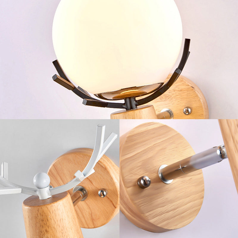 Rustic Wood Wall Lamp With Antler Accents - White Globe Sconce Light For Stairways