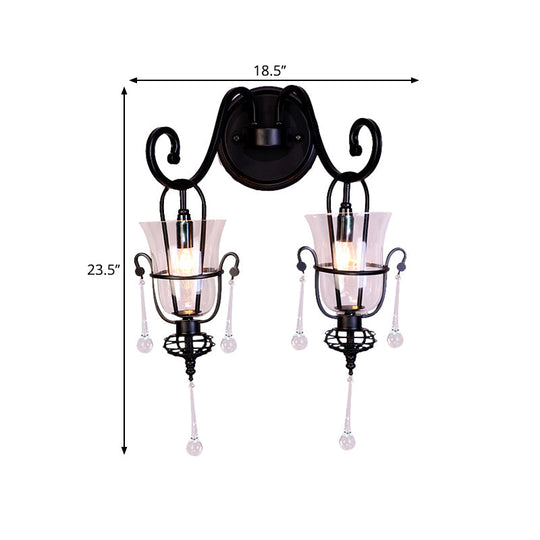Modern Flared Black Wall Lamp With Clear Glass Shade