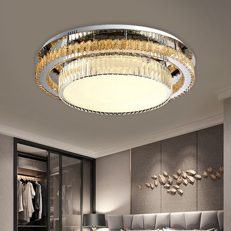 Modern Beveled Glass Crystal Led Drum Ceiling Lamp - 19.5’/23.5’ Wide Chrome Flushmount
