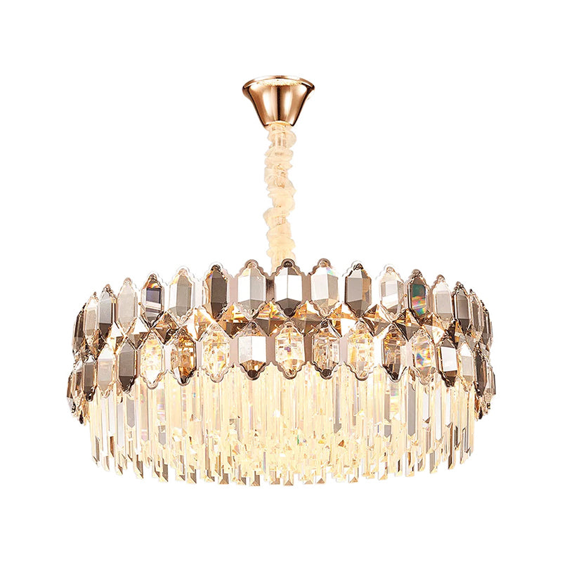 Modern Style Gold Chandelier: Round Ceiling Pendant With Clear Crystal Prisms 12 Lights