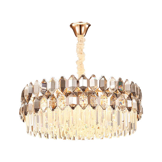 Modern Style Gold Chandelier: Round Ceiling Pendant With Clear Crystal Prisms 12 Lights