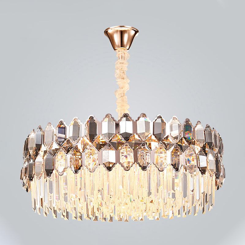 Modern Style Gold Chandelier: Round Ceiling Pendant With Clear Crystal Prisms 12 Lights