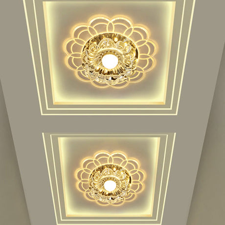 Silver Flush Mount Led Ceiling Light Fixture With Clear Crystal Flower Design - Warm/Multi Color