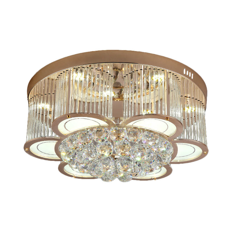 Contemporary Gold Floral Led Ceiling Flush Light With Clear Crystal Fluting