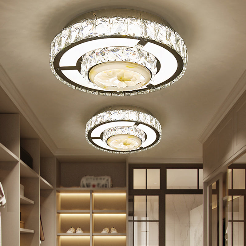Faceted Crystal Led Flush Mount Ceiling Light With Nickel Finish And Floral Design