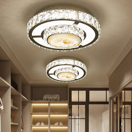 Faceted Crystal Led Flush Mount Ceiling Light With Nickel Finish And Floral Design