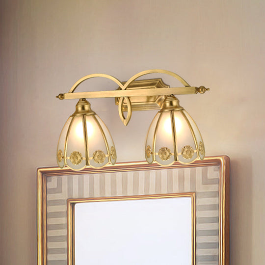 Gold Milk Glass Wall Sconce With Flower Accent 2-Light Vanity Fixture For Luxurious Bathroom