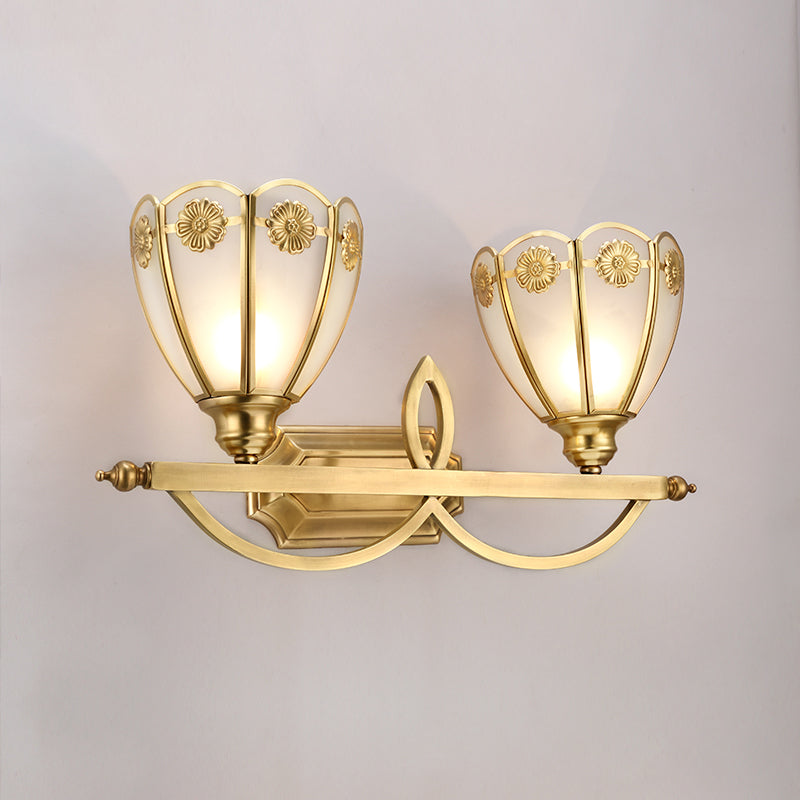 Gold Milk Glass Wall Sconce With Flower Accent 2-Light Vanity Fixture For Luxurious Bathroom