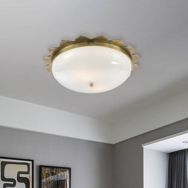 Colonial Gold Opal Glass Ceiling Light With Bowl Shape - 3 Heads Flush Mount For Bedroom
