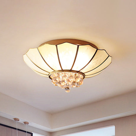 Milky Glass Scalloped Flush Light - 4/6 Lights Bedroom Mount With Crystal Ball
