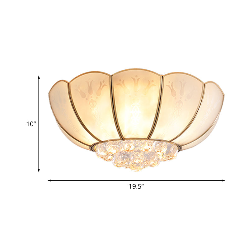 Ivory Glass Scallop Ceiling Fixture With Crystal Ball - Colonial 4/6 Bulbs Bedroom Flush Mount
