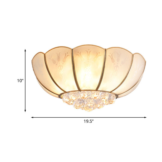 Ivory Glass Scallop Ceiling Fixture With Crystal Ball - Colonial 4/6 Bulbs Bedroom Flush Mount