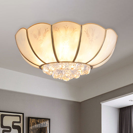 Ivory Glass Scallop Ceiling Fixture With Crystal Ball - Colonial 4/6 Bulbs Bedroom Flush Mount