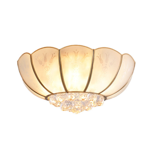 Ivory Glass Scallop Ceiling Fixture With Crystal Ball - Colonial 4/6 Bulbs Bedroom Flush Mount