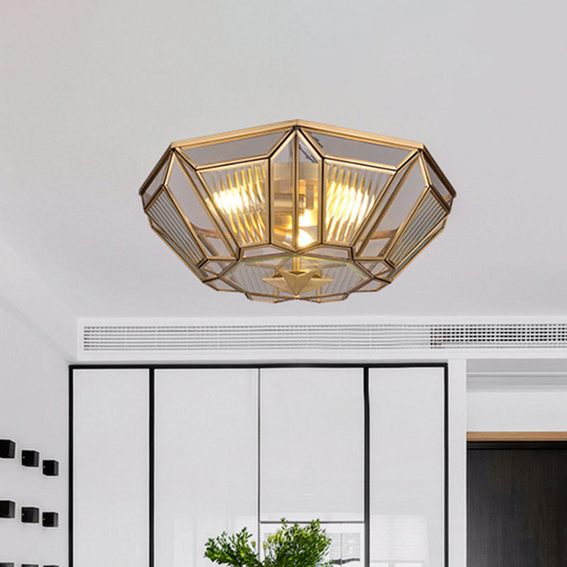 Colonial Gold Geometric Glass Flush Light - 3-Light Ceiling Mount For Bedroom