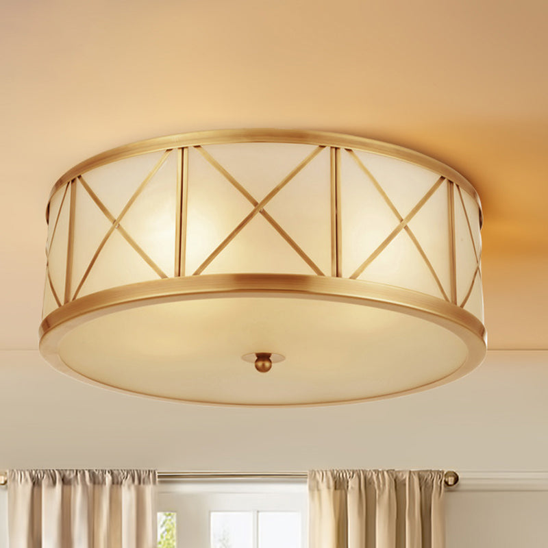 Colonial Gold Glass Ceiling Lamp With Trellis Cage - Bedroom Flush Light