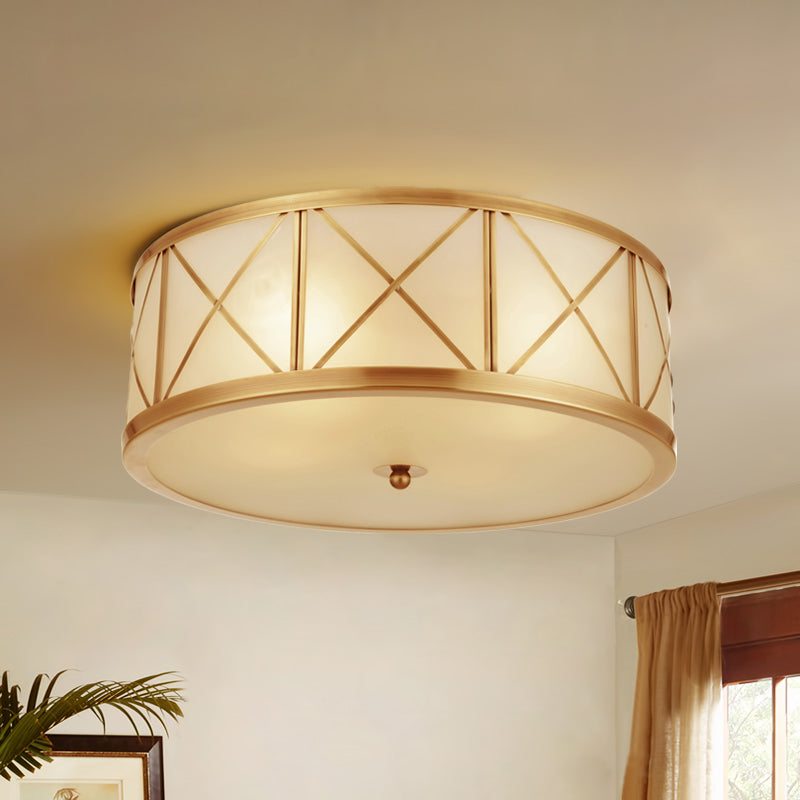 Colonial Gold Glass Ceiling Lamp With Trellis Cage - Bedroom Flush Light