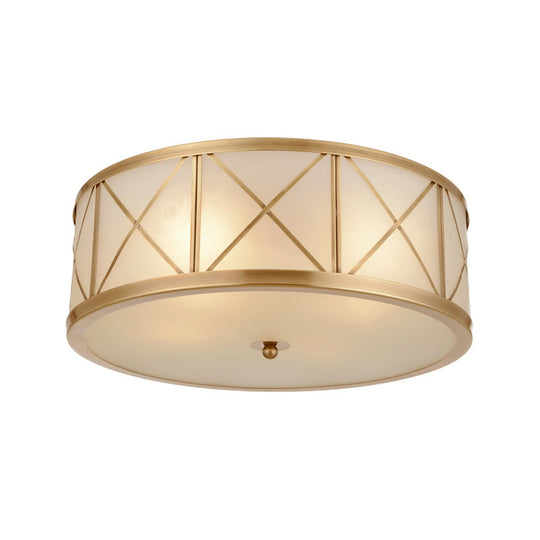Colonial Gold Glass Ceiling Lamp With Trellis Cage - Bedroom Flush Light