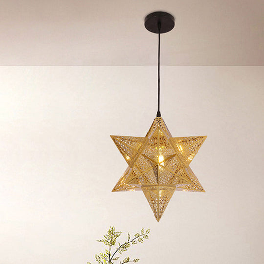 Colonial Stainless Steel Pendant Light - Cutout Star Design 1-Bulb Gold Suspension Lighting 14/18
