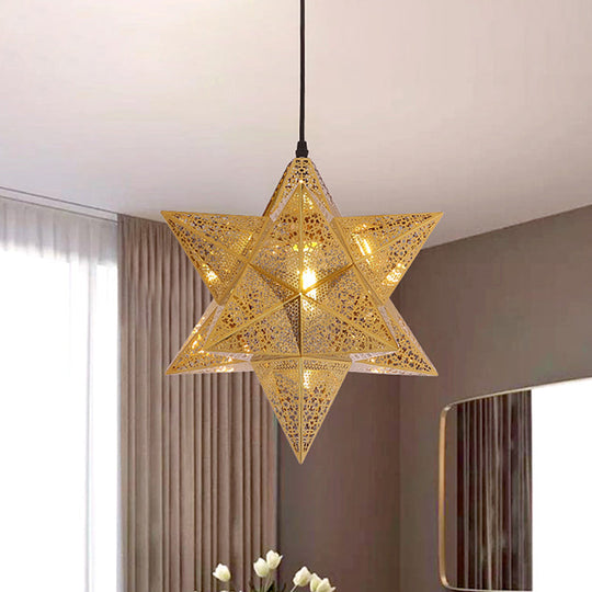 Colonial Stainless Steel Pendant Light - Cutout Star Design 1-Bulb Gold Suspension Lighting 14/18