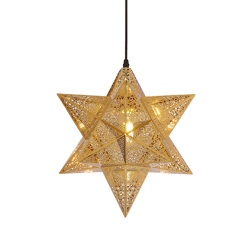 Colonial Stainless Steel Pendant Light - Cutout Star Design 1-Bulb Gold Suspension Lighting 14/18