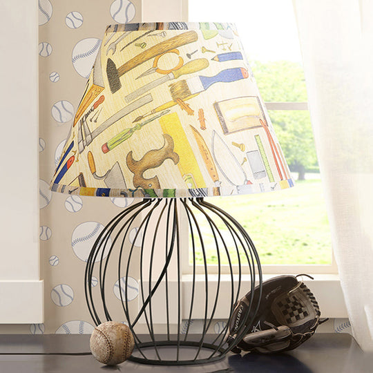 Vintage Fabric Black Nightstand Light With Orb Cage Base - Elegant Desk Lighting For Living Room And