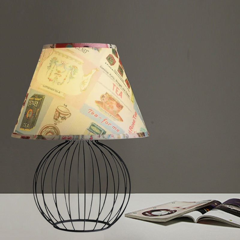 Vintage Fabric Black Nightstand Light With Orb Cage Base - Elegant Desk Lighting For Living Room And