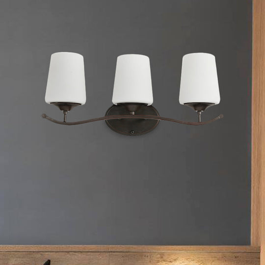 Ivory Glass Vanity Lighting With Iron Wavy Arm - Traditional Black Tapered Wall Light For Bedroom
