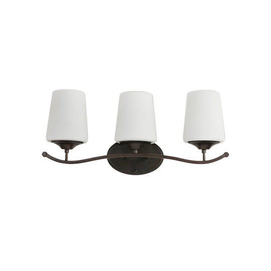 Ivory Glass Vanity Lighting With Iron Wavy Arm - Traditional Black Tapered Wall Light For Bedroom