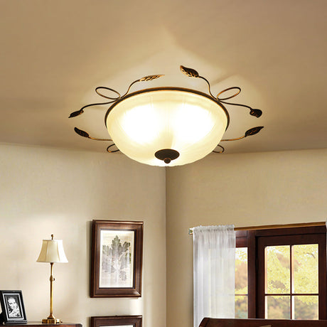 Vintage Bowl-Shaped White Glass Flush Light With Leaf Decoration - 3-Light Mount Spotlight