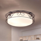 Antique Circular White Glass Flush Mount Light With 4-Heads & Wire Cage