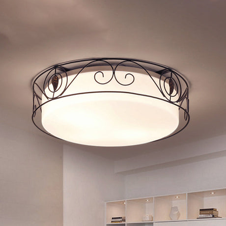 Antique Circular White Glass Flush Mount Light With 4-Heads & Wire Cage