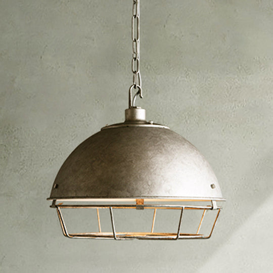 Industrial Iron Pendant Light Fixture With Aged Silver/Black Finish - Bowl Shape Hooded Cage Ideal