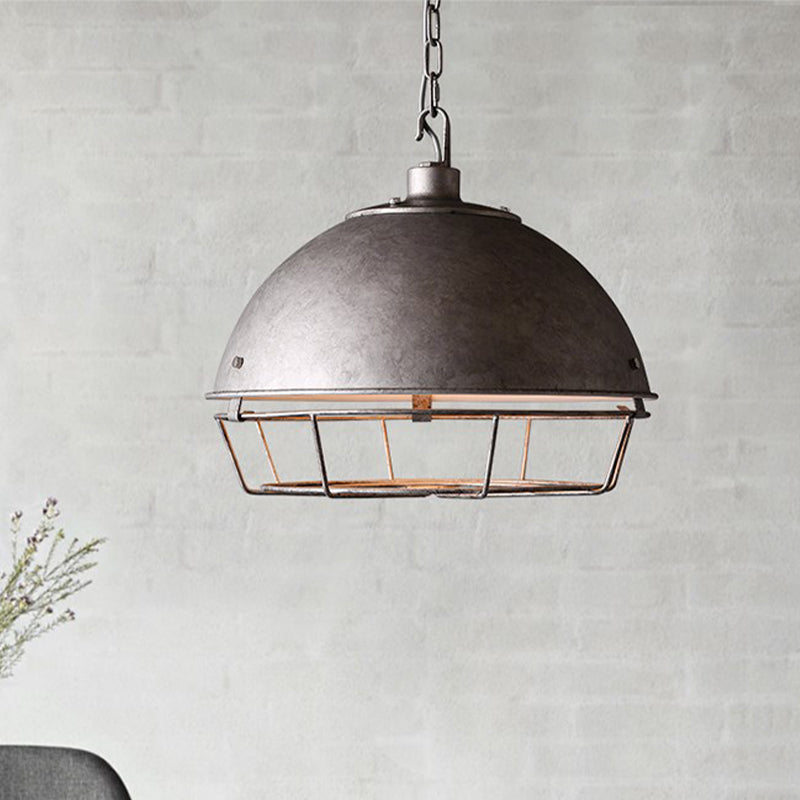 Industrial Iron Pendant Light Fixture With Aged Silver/Black Finish - Bowl Shape Hooded Cage Ideal
