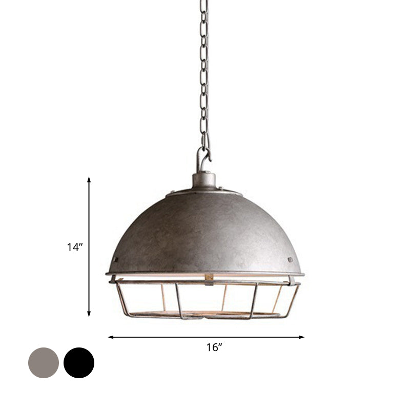 Industrial Iron Pendant Light Fixture With Aged Silver/Black Finish - Bowl Shape Hooded Cage Ideal