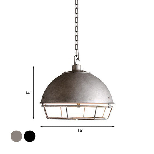 Industrial Iron Pendant Light Fixture With Aged Silver/Black Finish - Bowl Shape Hooded Cage Ideal