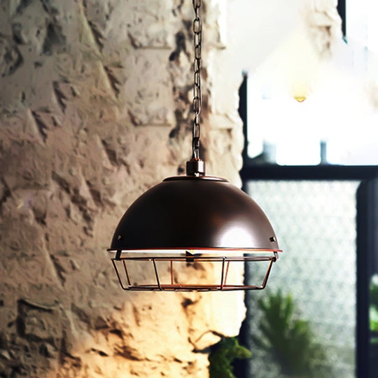 Industrial Iron Pendant Light Fixture With Aged Silver/Black Finish - Bowl Shape Hooded Cage Ideal